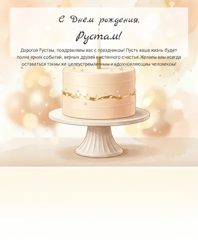 Открытка с днём рождения Рустам — с минималистичным тортом