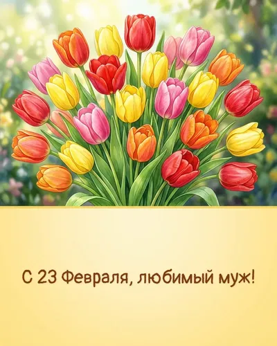 Поздравительная открытка: яркие тюльпаны в весенней палитре, солнечные лучи