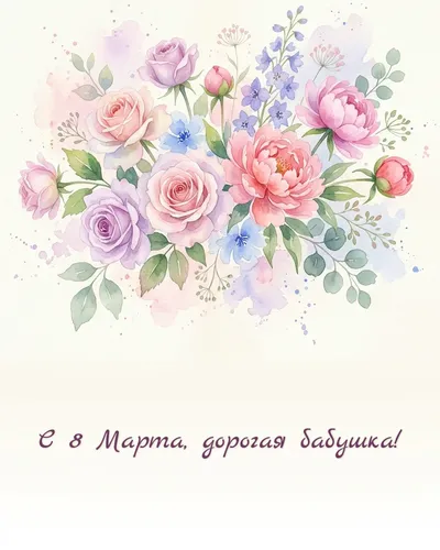 Поздравительная открытка: нежный акварельный рисунок: цветы, бабочки и звёздочки