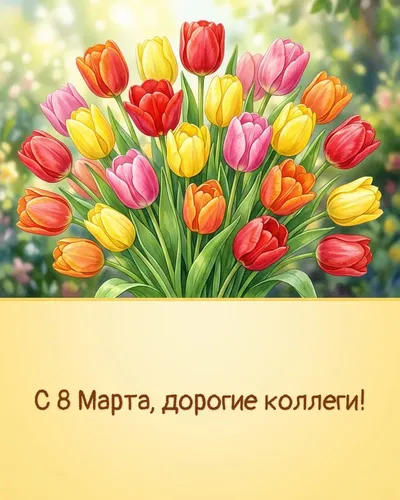 Поздравительная открытка: яркие тюльпаны в весенней палитре, солнечные лучи