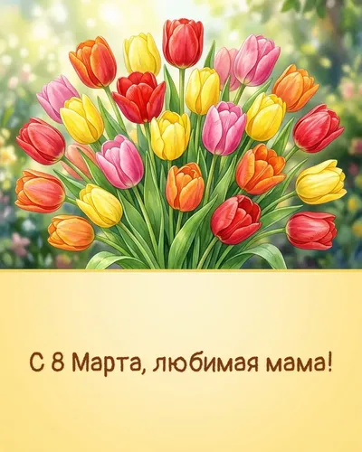 Поздравительная открытка: яркие тюльпаны в весенней палитре, солнечные лучи