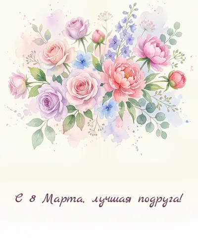 Поздравительная открытка: нежный акварельный рисунок: цветы, бабочки и звёздочки