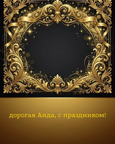 Поздравительная открытка с днём рождения: Аида — элегантные золотые узоры и вензеля на глубоком тёмном фоне