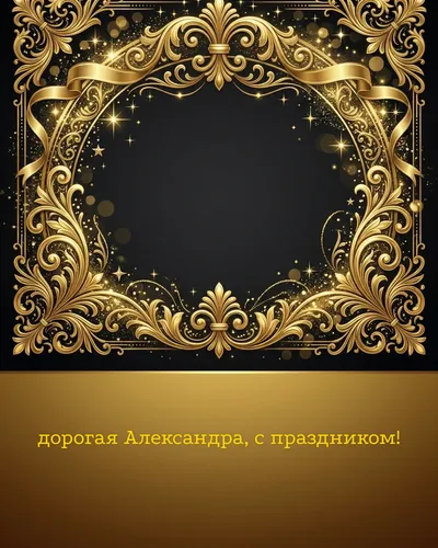 Поздравительная открытка с днём рождения: Александра — элегантные золотые узоры и вензеля на глубоком тёмном фоне