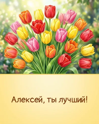 Поздравительная открытка с днём рождения: Алексей — яркие тюльпаны в весенней палитре на фоне солнечных лучей