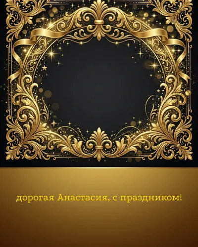 Поздравительная открытка с днём рождения: Анастасия — элегантные золотые узоры и вензеля на глубоком тёмном фоне