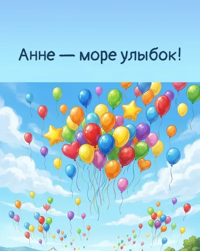 Поздравительная открытка с днём рождения: Анна — разноцветные воздушные шары, парящие в голубом небе с облаками