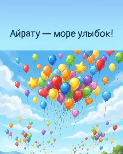 Поздравительная открытка с днём рождения: Айрат — разноцветные воздушные шары, парящие в голубом небе с облаками