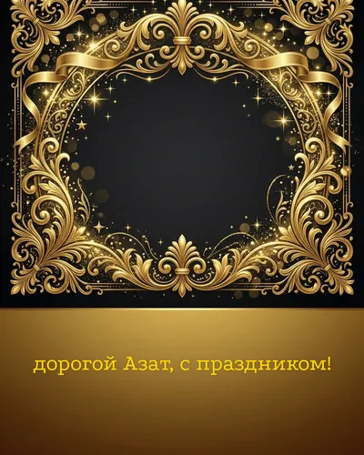 Поздравительная открытка с днём рождения: Азат — элегантные золотые узоры и вензеля на глубоком тёмном фоне