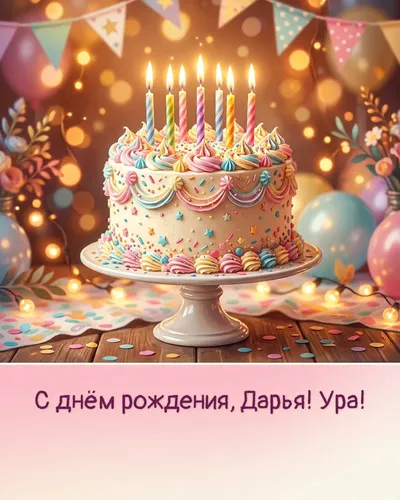 Поздравительная открытка с днём рождения: Дарья — праздничный именинный торт со свечами, кремовыми розами и гирляндами