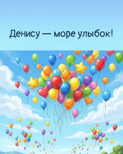 Поздравительная открытка с днём рождения: Денис — разноцветные воздушные шары, парящие в голубом небе с облаками