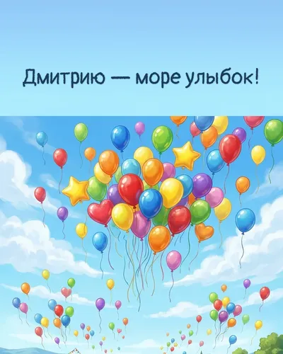 Поздравительная открытка с днём рождения: Дмитрий — разноцветные воздушные шары, парящие в голубом небе с облаками