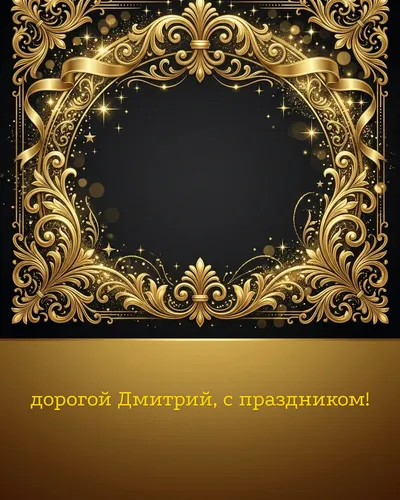 Поздравительная открытка с днём рождения: Дмитрий — элегантные золотые узоры и вензеля на глубоком тёмном фоне