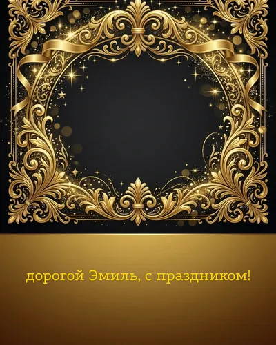 Поздравительная открытка с днём рождения: Эмиль — элегантные золотые узоры и вензеля на глубоком тёмном фоне