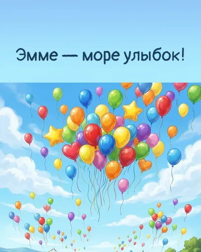 Поздравительная открытка с днём рождения: Эмма — разноцветные воздушные шары, парящие в голубом небе с облаками
