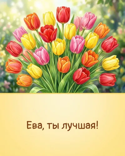 Поздравительная открытка с днём рождения: Ева — яркие тюльпаны в весенней палитре на фоне солнечных лучей