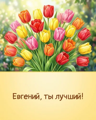 Поздравительная открытка с днём рождения: Евгений — яркие тюльпаны в весенней палитре на фоне солнечных лучей