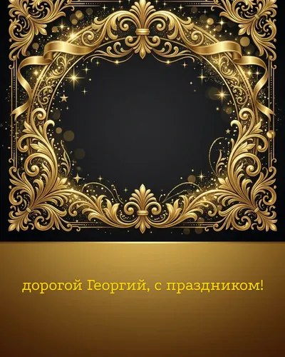 Поздравительная открытка с днём рождения: Георгий — элегантные золотые узоры и вензеля на глубоком тёмном фоне