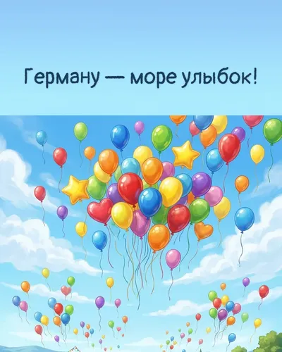 Поздравительная открытка с днём рождения: Герман — разноцветные воздушные шары, парящие в голубом небе с облаками