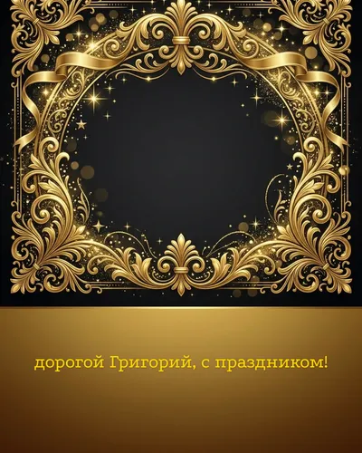 Поздравительная открытка с днём рождения: Григорий — элегантные золотые узоры и вензеля на глубоком тёмном фоне