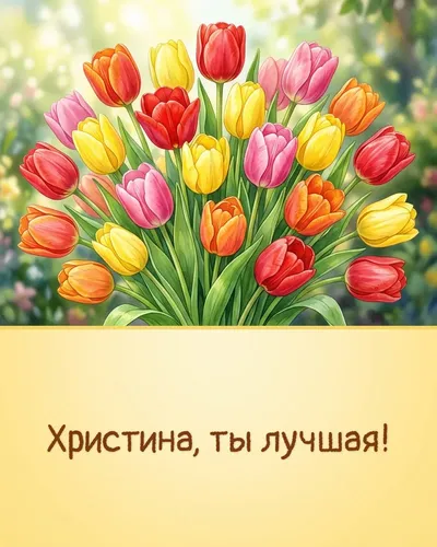 Поздравительная открытка с днём рождения: Христина — яркие тюльпаны в весенней палитре на фоне солнечных лучей