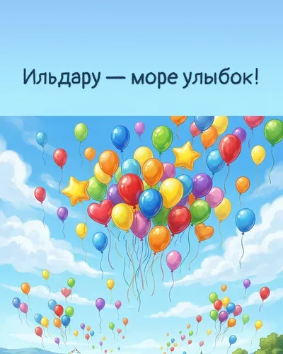Поздравительная открытка с днём рождения: Ильдар — разноцветные воздушные шары, парящие в голубом небе с облаками