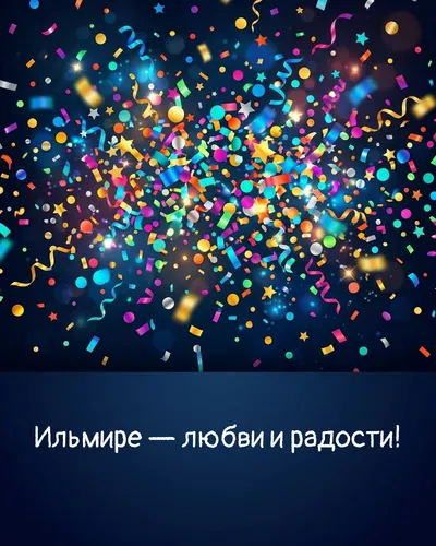 Поздравительная открытка с днём рождения: Ильмира — взрыв яркого конфетти и золотых блёсток на фоне праздничного салюта