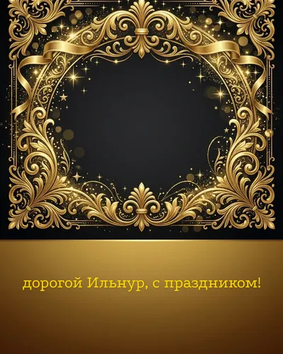 Поздравительная открытка с днём рождения: Ильнур — элегантные золотые узоры и вензеля на глубоком тёмном фоне