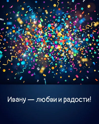 Поздравительная открытка с днём рождения: Иван — взрыв яркого конфетти и золотых блёсток на фоне праздничного салюта