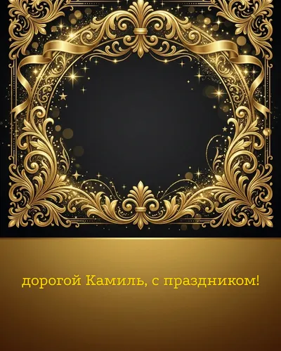 Поздравительная открытка с днём рождения: Камиль — элегантные золотые узоры и вензеля на глубоком тёмном фоне