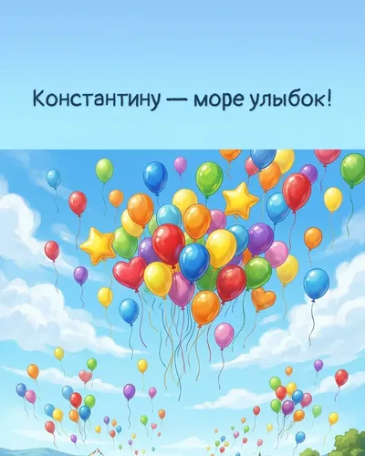 Поздравительная открытка с днём рождения: Константин — разноцветные воздушные шары, парящие в голубом небе с облаками
