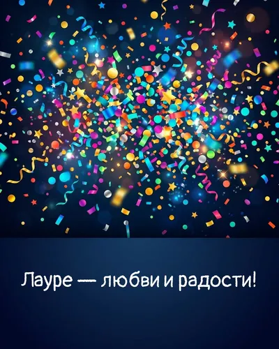 Поздравительная открытка с днём рождения: Лаура — взрыв яркого конфетти и золотых блёсток на фоне праздничного салюта