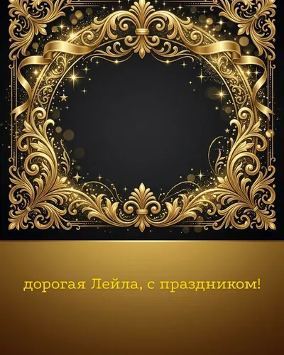 Поздравительная открытка с днём рождения: Лейла — элегантные золотые узоры и вензеля на глубоком тёмном фоне