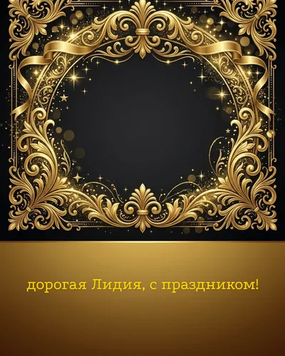 Поздравительная открытка с днём рождения: Лидия — элегантные золотые узоры и вензеля на глубоком тёмном фоне