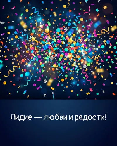 Поздравительная открытка с днём рождения: Лидия — взрыв яркого конфетти и золотых блёсток на фоне праздничного салюта