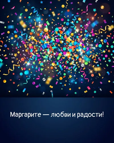 Поздравительная открытка с днём рождения: Маргарита — взрыв яркого конфетти и золотых блёсток на фоне праздничного салюта