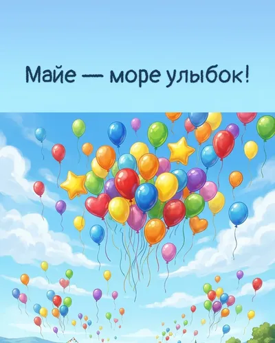 Поздравительная открытка с днём рождения: Майя — разноцветные воздушные шары, парящие в голубом небе с облаками
