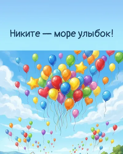 Поздравительная открытка с днём рождения: Никита — разноцветные воздушные шары, парящие в голубом небе с облаками