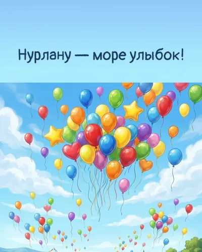 Поздравительная открытка с днём рождения: Нурлан — разноцветные воздушные шары, парящие в голубом небе с облаками