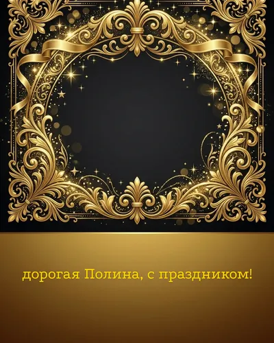 Поздравительная открытка с днём рождения: Полина — элегантные золотые узоры и вензеля на глубоком тёмном фоне