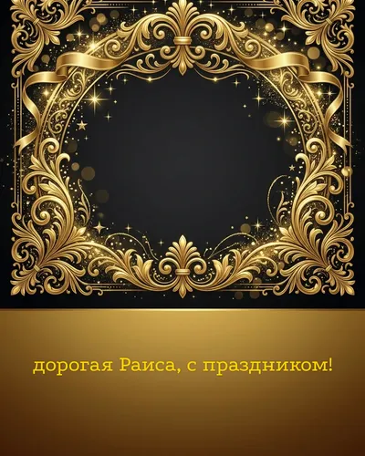 Поздравительная открытка с днём рождения: Раиса — элегантные золотые узоры и вензеля на глубоком тёмном фоне