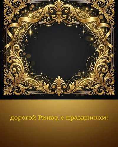 Поздравительная открытка с днём рождения: Ринат — элегантные золотые узоры и вензеля на глубоком тёмном фоне