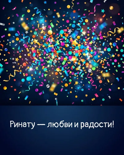 Поздравительная открытка с днём рождения: Ринат — взрыв яркого конфетти и золотых блёсток на фоне праздничного салюта