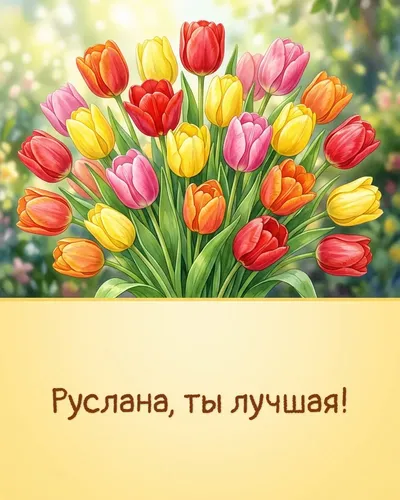 Поздравительная открытка с днём рождения: Руслана — яркие тюльпаны в весенней палитре на фоне солнечных лучей