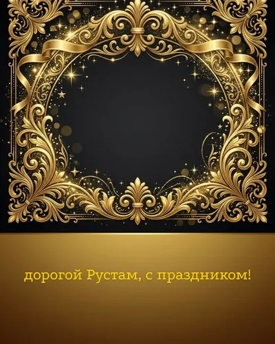 Поздравительная открытка с днём рождения: Рустам — элегантные золотые узоры и вензеля на глубоком тёмном фоне