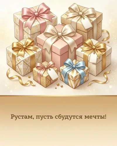 Поздравительная открытка с днём рождения: Рустам — красиво упакованные подарки с атласными лентами и бантами
