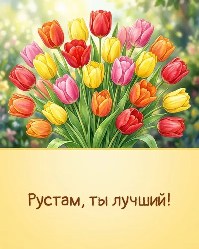 Поздравительная открытка с днём рождения: Рустам — яркие тюльпаны в весенней палитре на фоне солнечных лучей