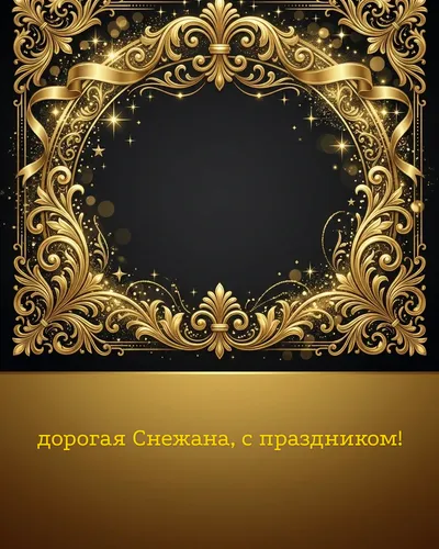 Поздравительная открытка с днём рождения: Снежана — элегантные золотые узоры и вензеля на глубоком тёмном фоне