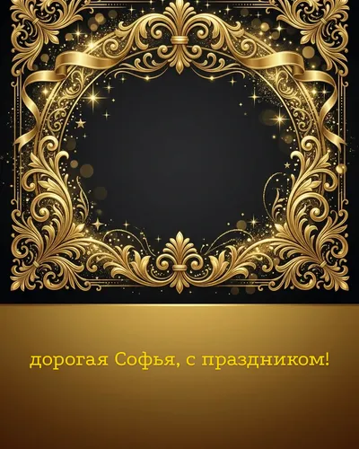 Поздравительная открытка с днём рождения: Софья — элегантные золотые узоры и вензеля на глубоком тёмном фоне