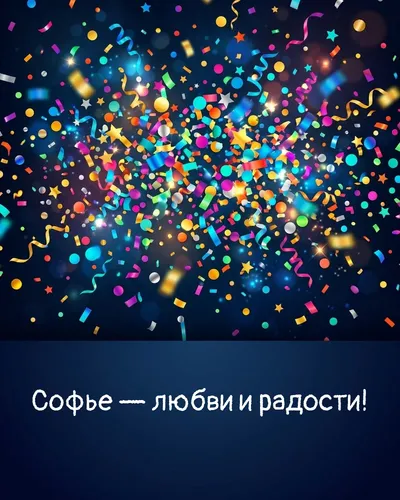 Поздравительная открытка с днём рождения: Софья — взрыв яркого конфетти и золотых блёсток на фоне праздничного салюта